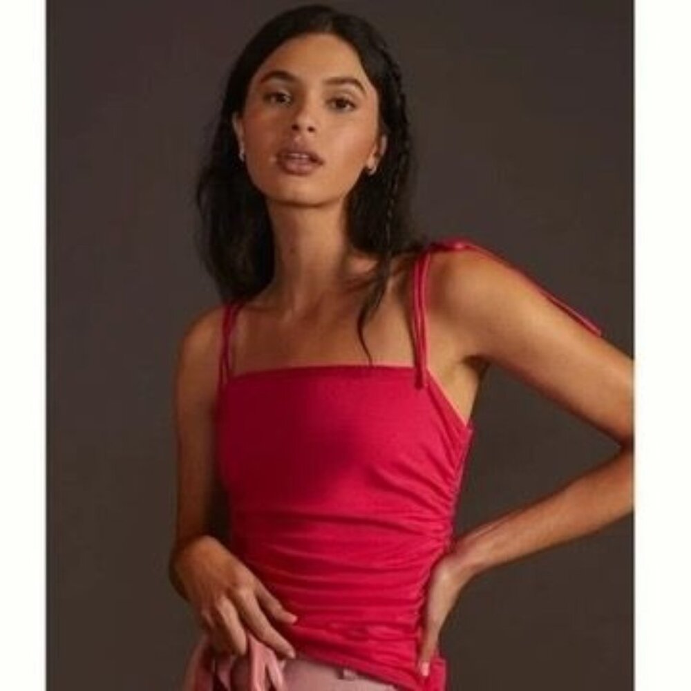 Anthropologie Maeve women's large pink shirred tie-shoulder ruched tank top cami
